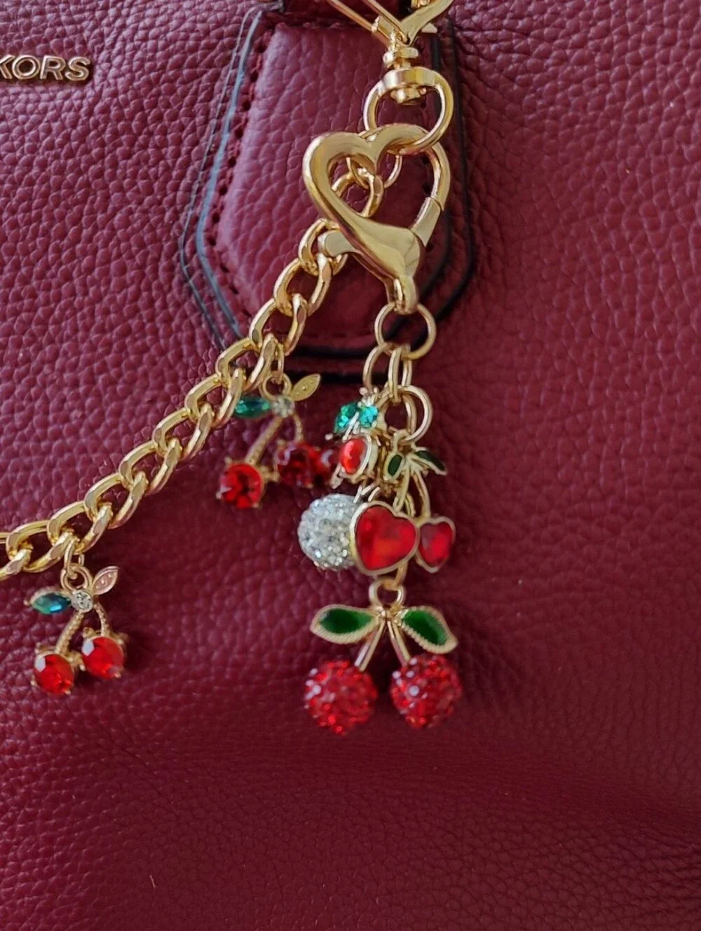 Michael Kors Cranberry Merlot Leather Satchel with Gold Cherry Charm Chain
